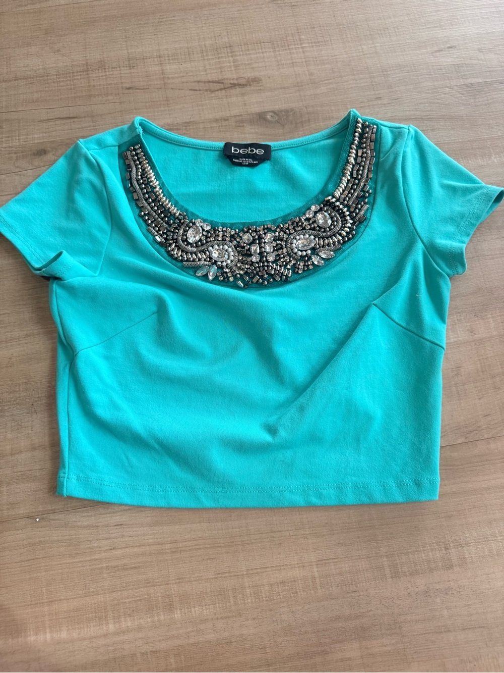 bebe Turquoise Jeweled Scoop Neck Crop Top